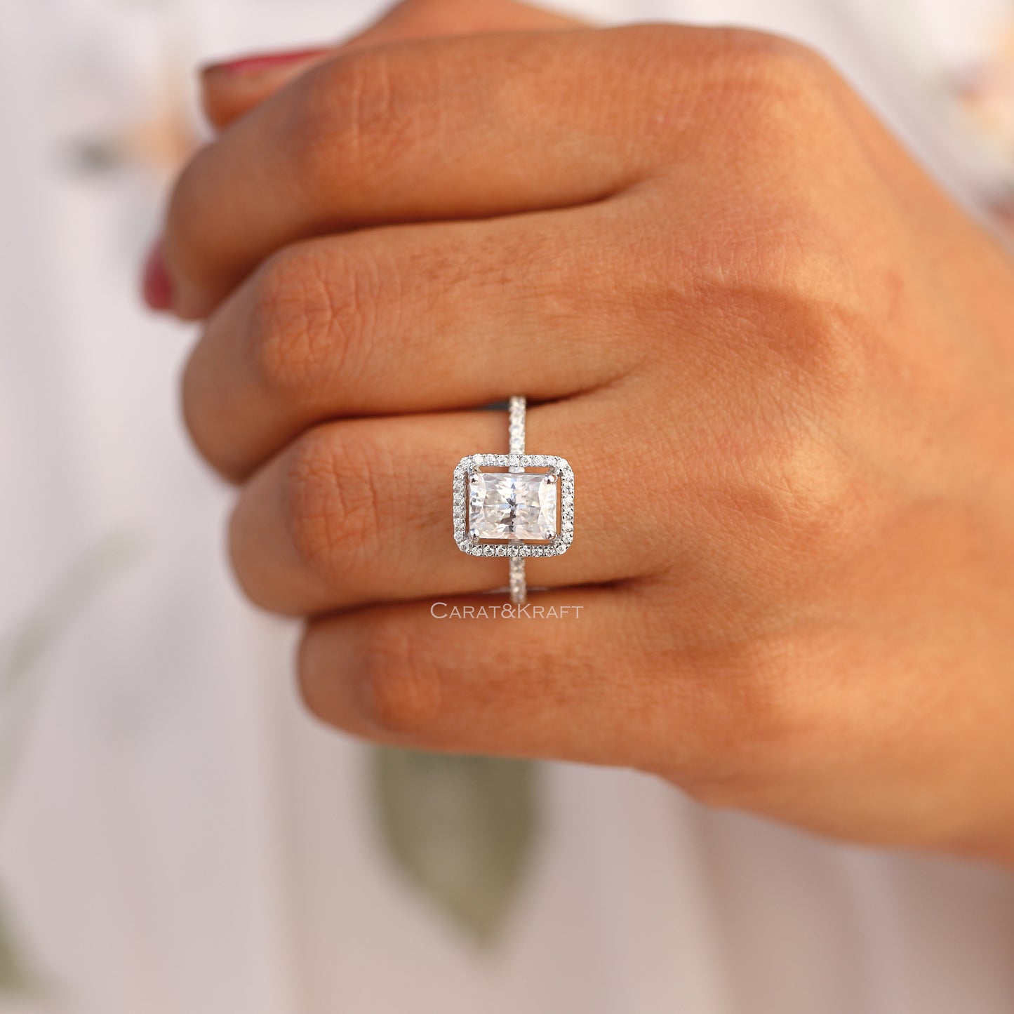 Radiant Cut Distance Halo Moissanite Engagement Ring
