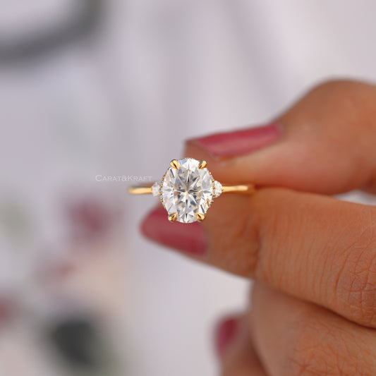 Oval Hidden Halo Lab Grown Diamond Ring, Three Stone Ring, view 1