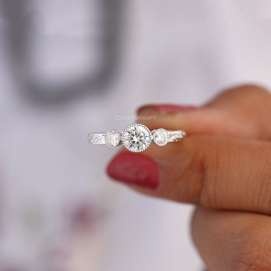 Three Stone Lab Grown Diamond Ring, Bezel Set Vintage Ring, view 2