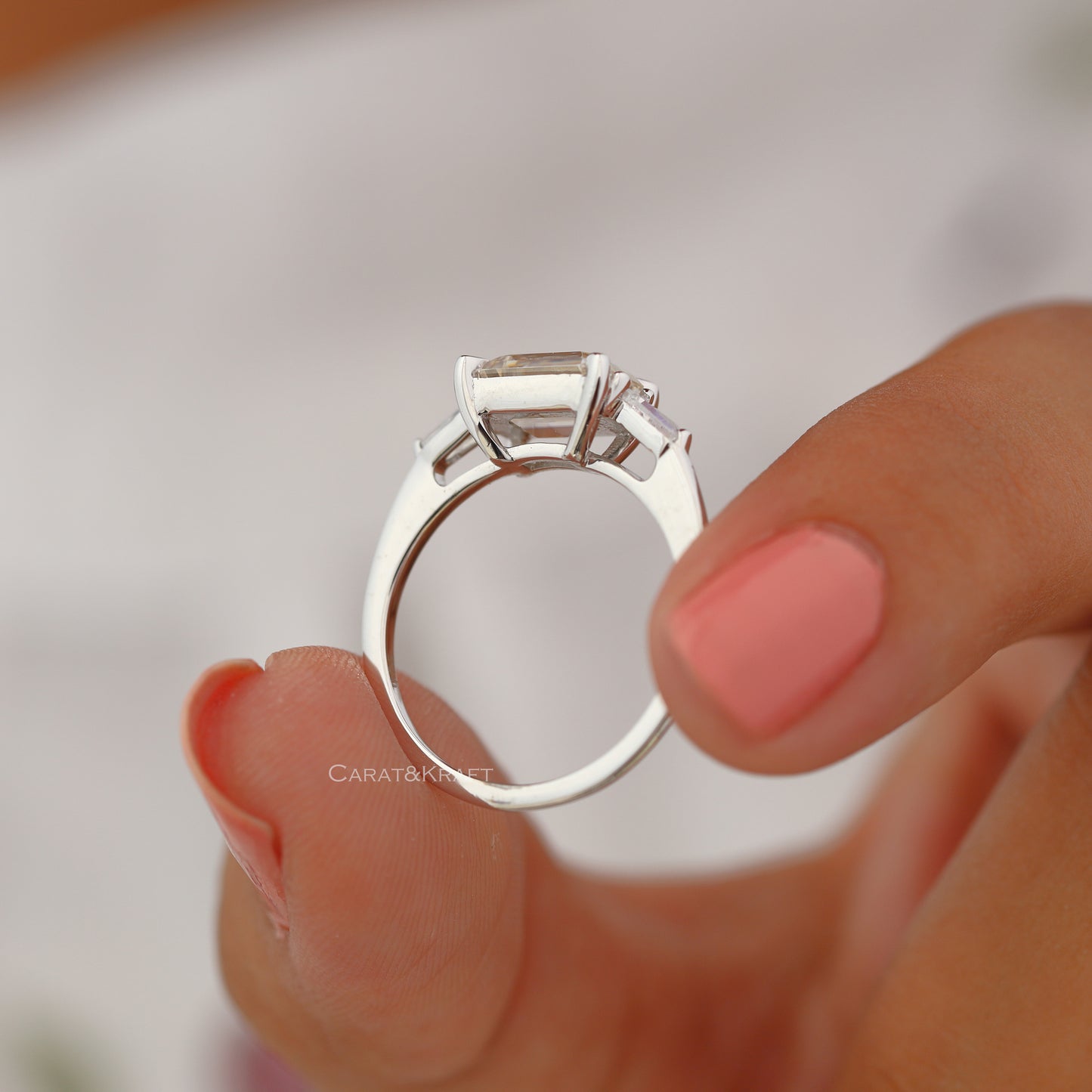 0.50 CT To 3.00 CT Emerald Cut Three Stone Lab Grown Diamond Engagement Ring,