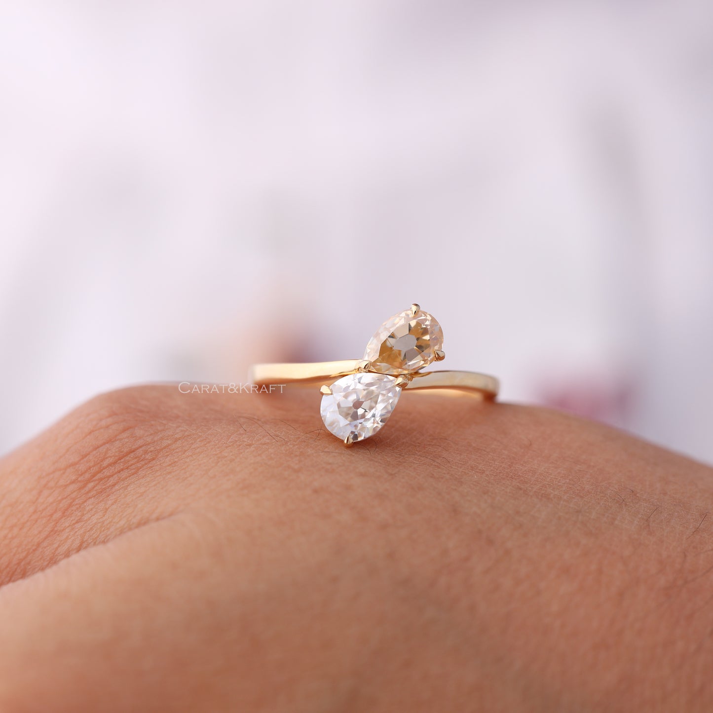 Toi Et Moi Ring, OMC Pear & OMC Champagne Pear Moissanite Engagement Ring