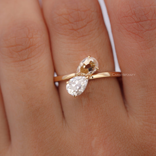 Toi Et Moi Ring, OMC Pear & OMC Champagne Pear Moissanite Engagement Ring, view 1
