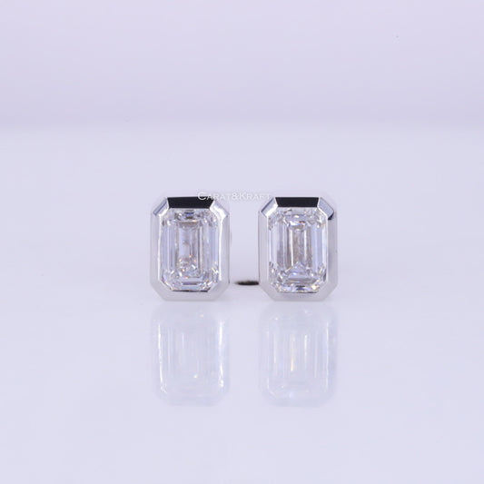 14K Solid Gold Lab Grown Diamond Bezel Set Emerald Cut Diamond Studs. Diamond Earrings, Diamond Studs. Perfect Gift