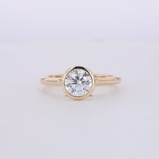 Round Hearts and Arrows Colorless Moissanite Ring, Bezel Set Wedding Ring