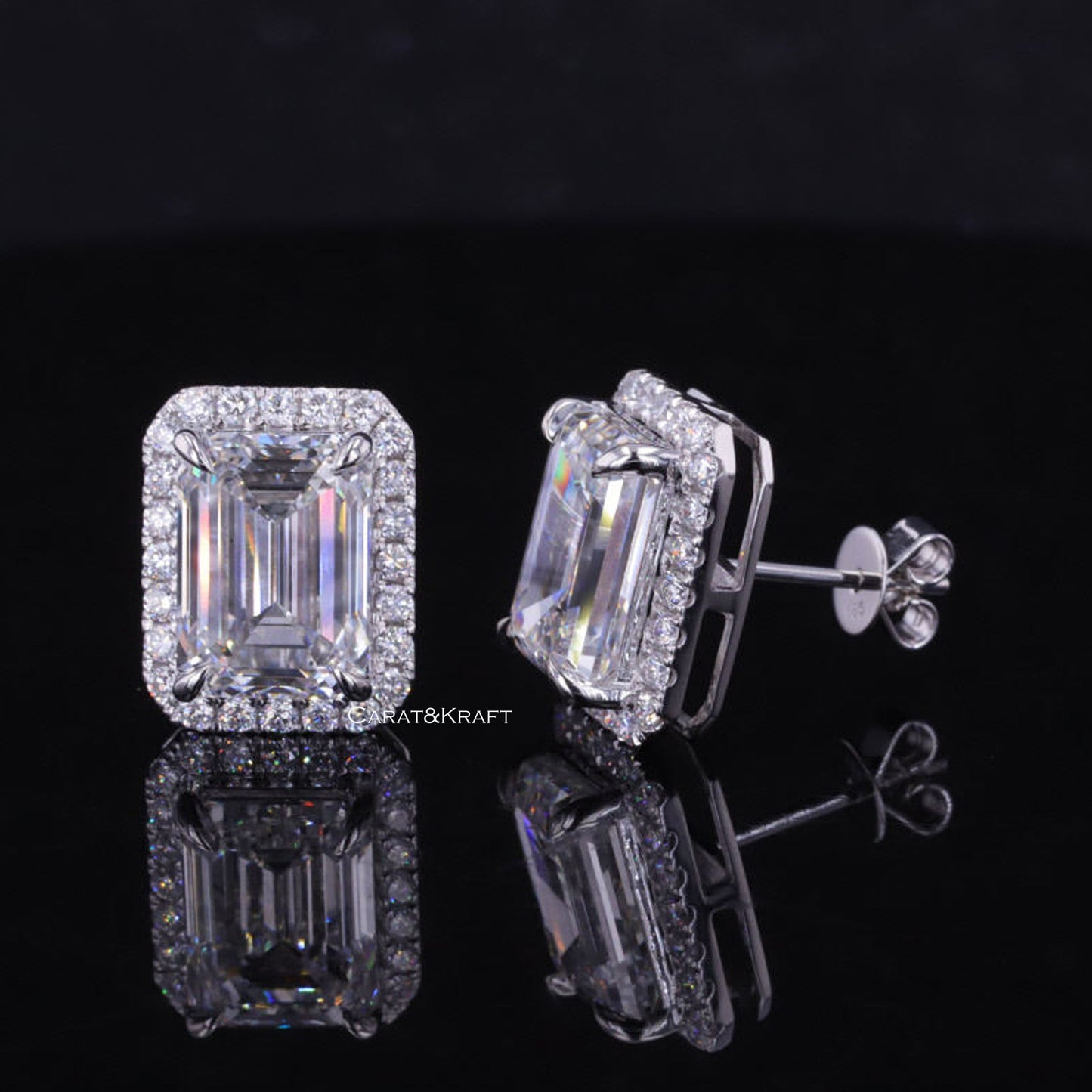 Emerald Cut Lab Grown Diamond Halo Stud Earrings, Everyday Wear Minimalist Stud Earrings, CVD Diamond Studs, Claw Prong Set Stud Earrings