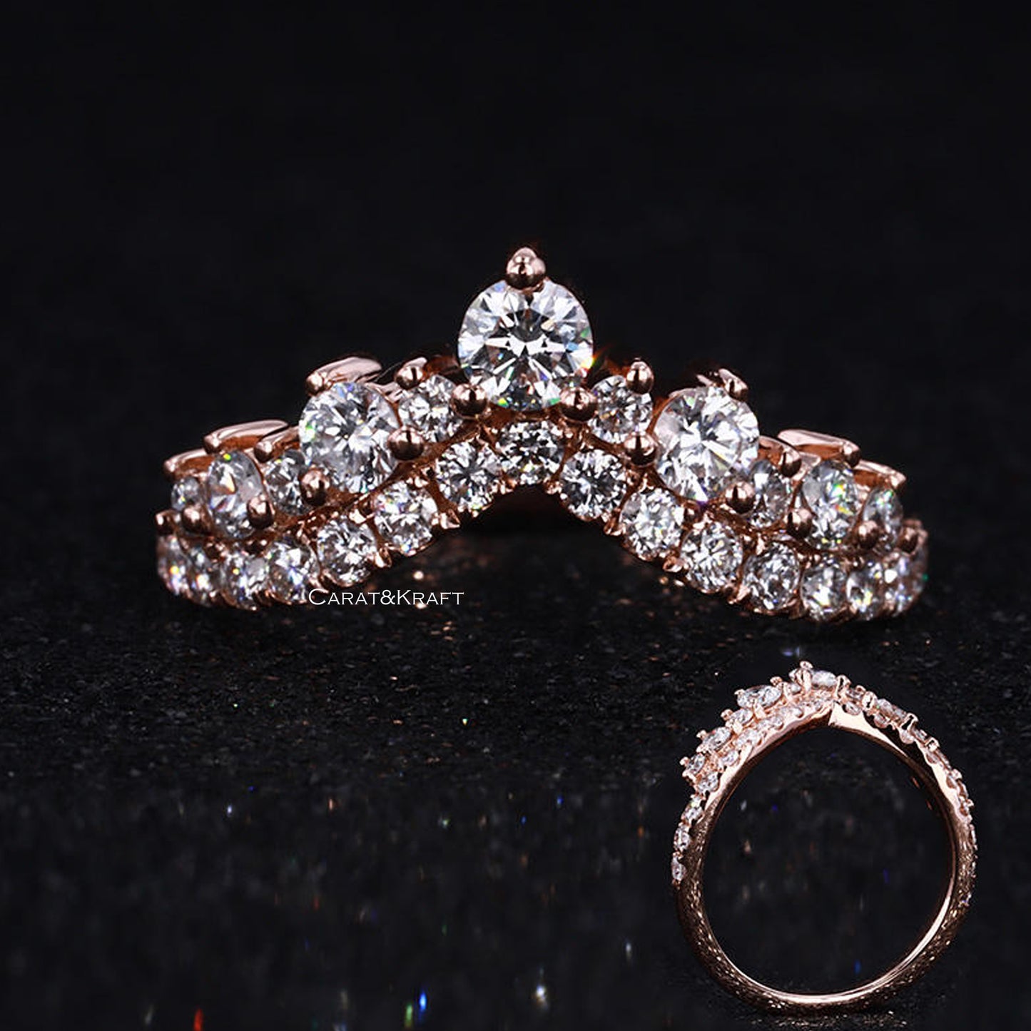 Chevron Ring, Curve Wedding Band for Women Rose Gold Art Deco V Shape lab grown diamond Wedding Matching Band Stacking Ring