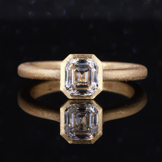 Asscher Cut Lab Grown Diamond Bezel Set Ring, 14K Solid Gold Solitaire Diamond Ring
