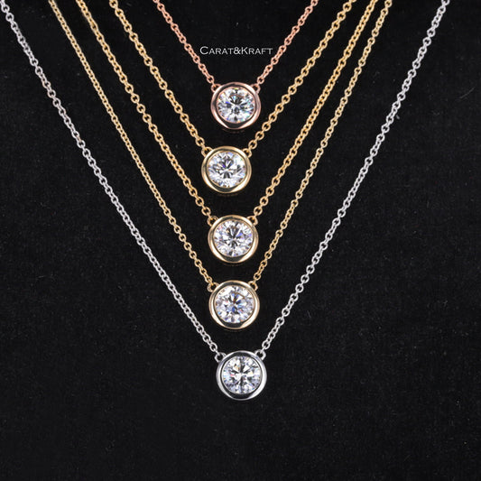 Lab Grown Diamond Bezel Necklace: 14k Gold Solitaire (0.2 - 3CT)