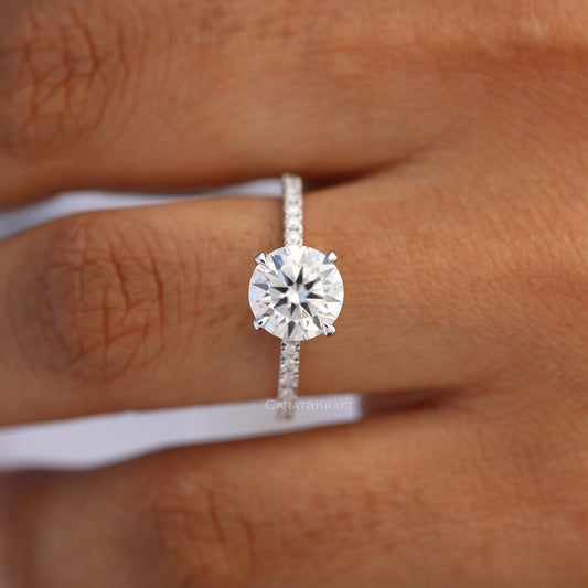 Round Brilliant Cut Moissanite Ring, Claw Prongs Pave Set Ring, view 1