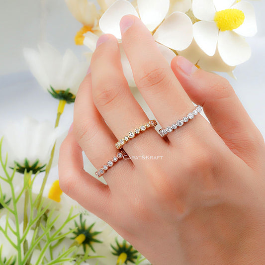 Bezel Set Round Cut Moissanite Wedding Band for Engagement Ring, Milgrain Setting, Eternity Anniversary Ring for Women, Wedding Gift for Her