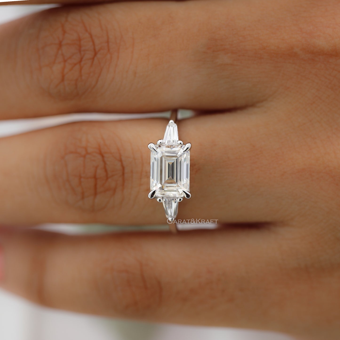 0.50 CT To 3.00 CT Emerald Cut Three Stone Lab Grown Diamond Engagement Ring,