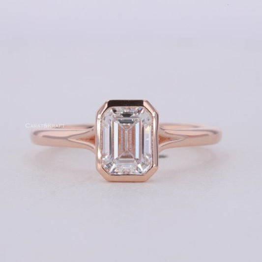 Emerald Cut Moissanite Bezel Engagement Ring, Solitaire Wedding Ring for Her