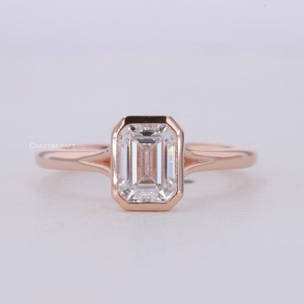 Emerald Cut Moissanite Bezel Engagement Ring, Solitaire Wedding Ring for Her