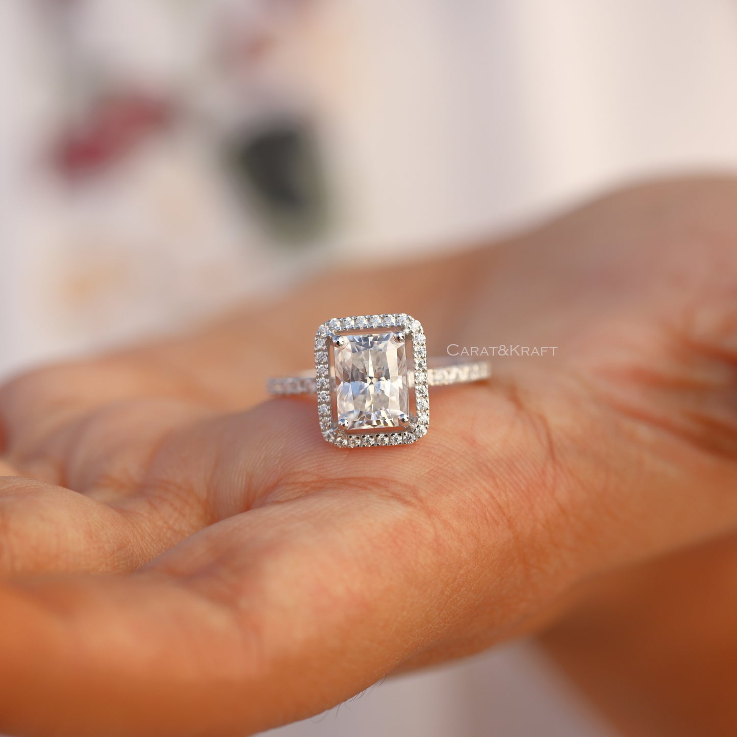 Radiant Cut Distance Halo Moissanite Engagement Ring