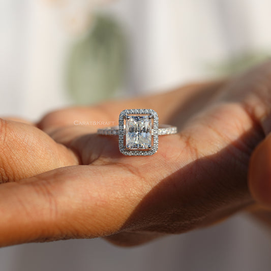 0.50 to 3.00CT Radiant Halo Lab Grown Diamond Pave Engagement Ring, view 1