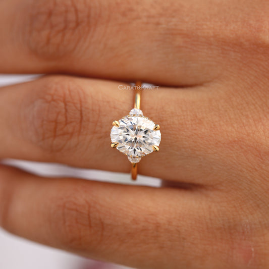 9x7mm Oval Moissanite Hidden Halo Three Stone Ring, view 1
