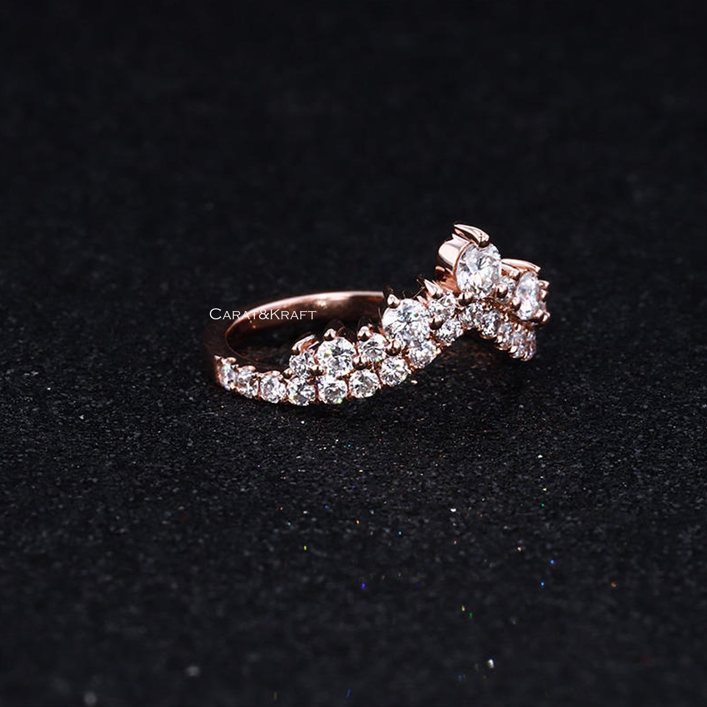 Queen Curved Wedding Band, V Shaped Chevron Band, Double Layer Half Eternity Band, Anniversary Band