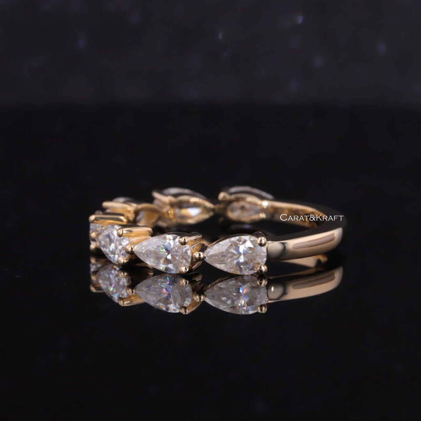 14k Yellow Gold Moissanite Wedding Band: Pear Eternity Stacking Ring