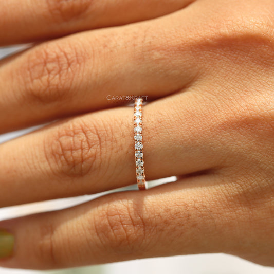 Round Moissanite Wedding Band, 1.7mm Half Eternity Solid Gold Ring, view 1
