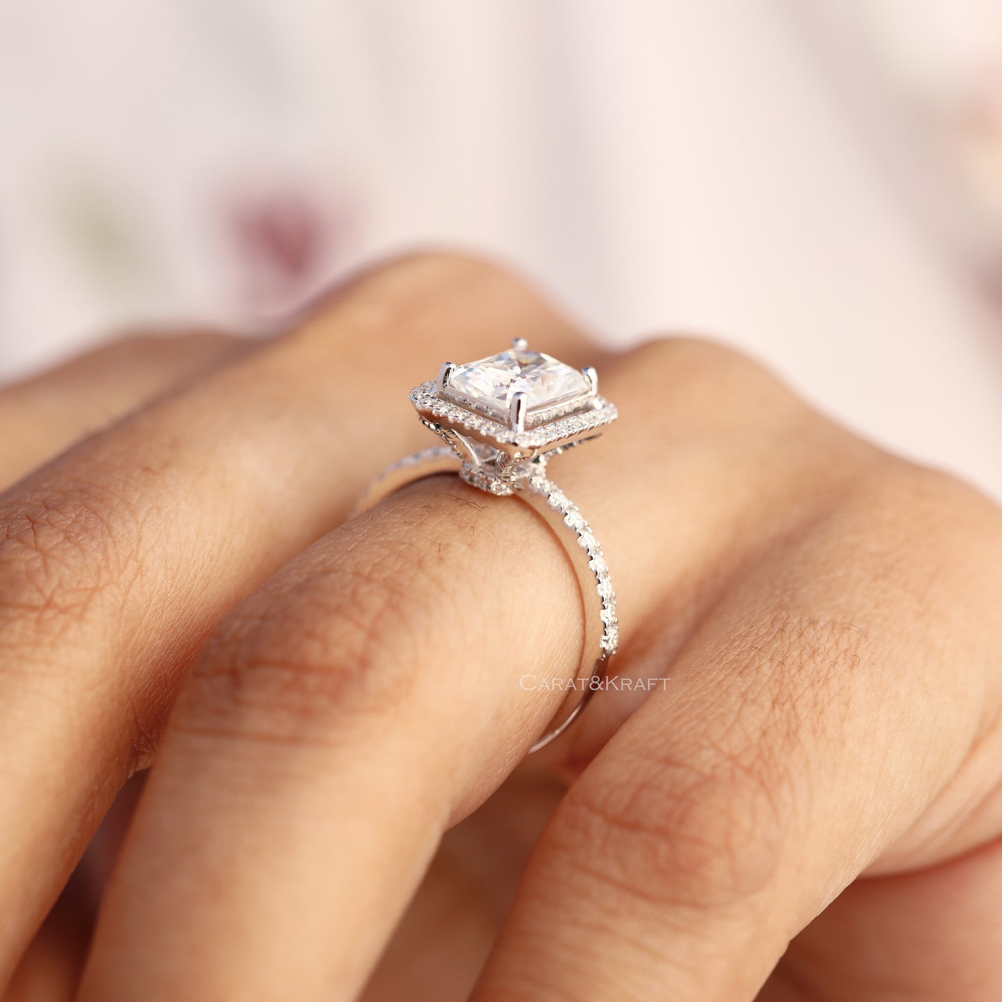 Radiant Cut Distance Halo Moissanite Engagement Ring