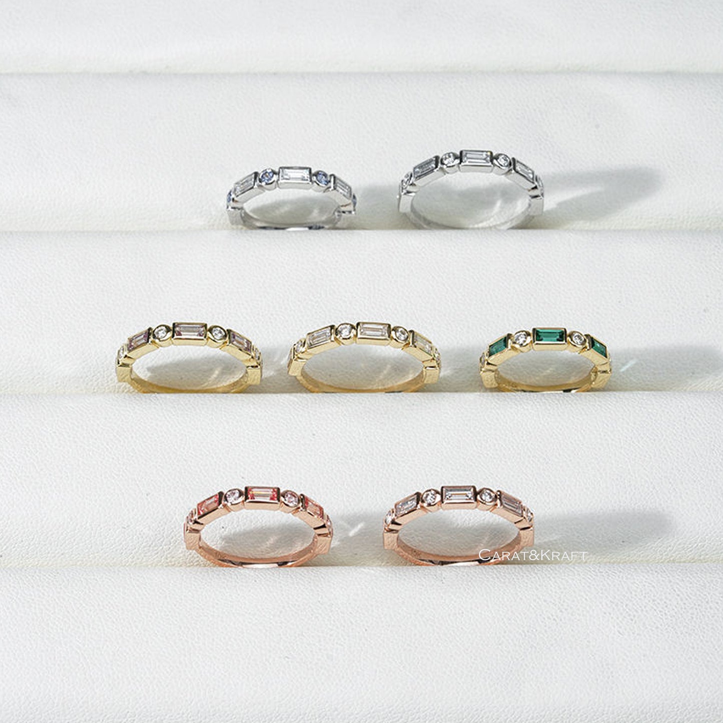 Alternate Emerald and Round Diamond Wedding Band, Diamond Eternity Band, Matching Band for Engagement Ring, Stackable Band, Bridal Set Band