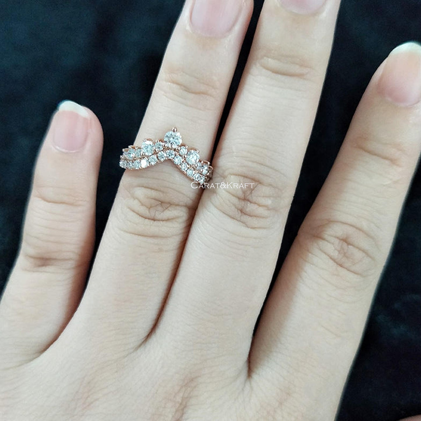V Shaped moissanite Diamond Band With Stones in half Eternity, 14K Solid Yellow Gold, White Or Rose Gold ring