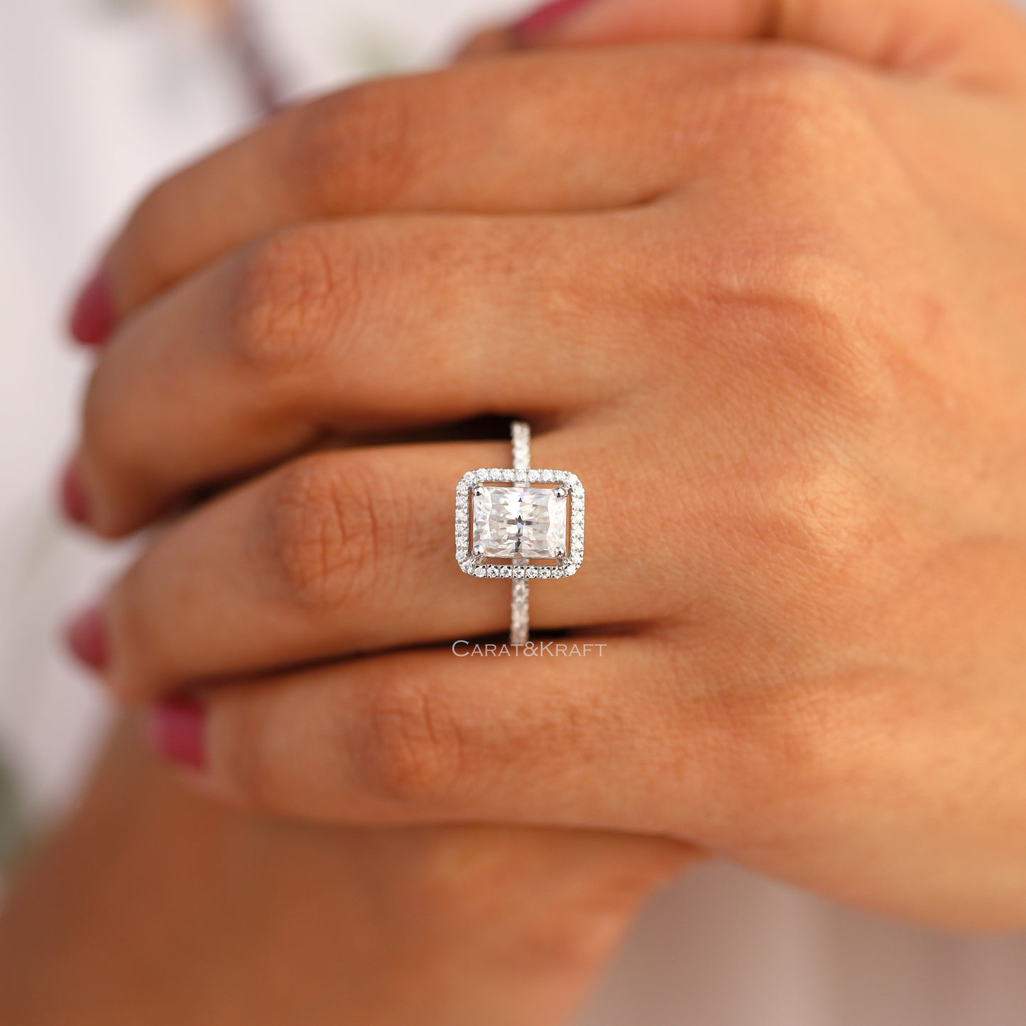 0.50 to 3.00CT Radiant Halo Lab Grown Diamond Pave Engagement Ring