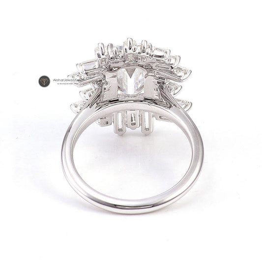 Stunning Cluster Emerald Cut Halo Moissanite Diamond Ring, view 2