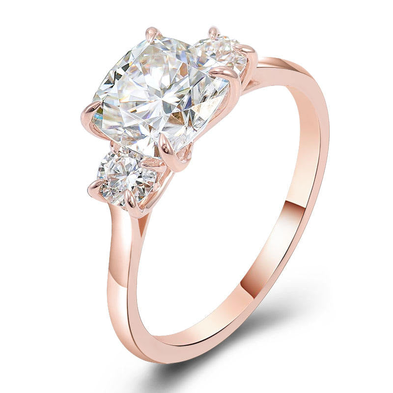 Cushion Cut Moissanite Diamond Ring, Two Side Round Cut Diamond Ring