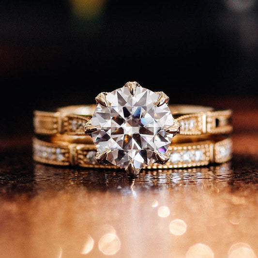 Round Cut Lab Diamond Ring, Moissanite Vintage Style Milgrain Ring Set, view 2