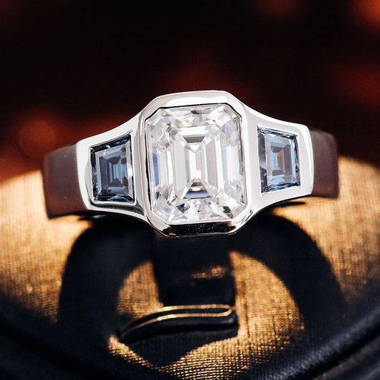 Emerald Moissanite Three Sone Bezel Set Ring, view 2