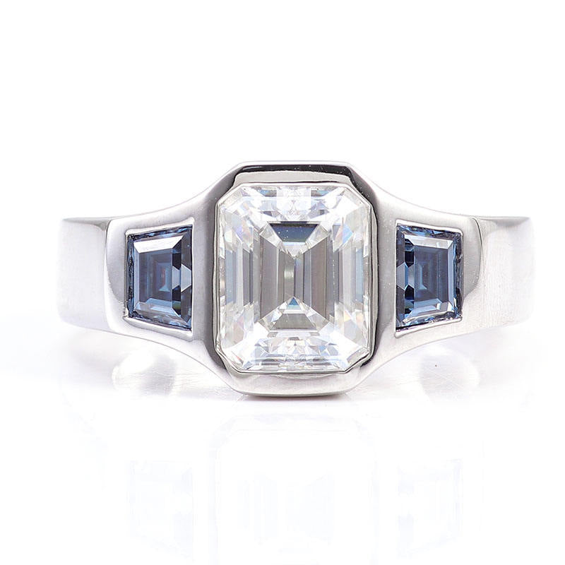 Emerald Moissanite Three Sone Bezel Set Ring