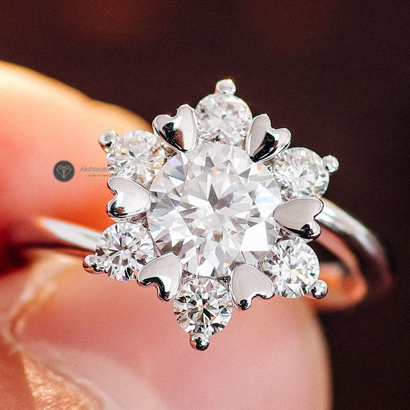Round Cut Moissanite Diamond With Flower Design Halo Ring