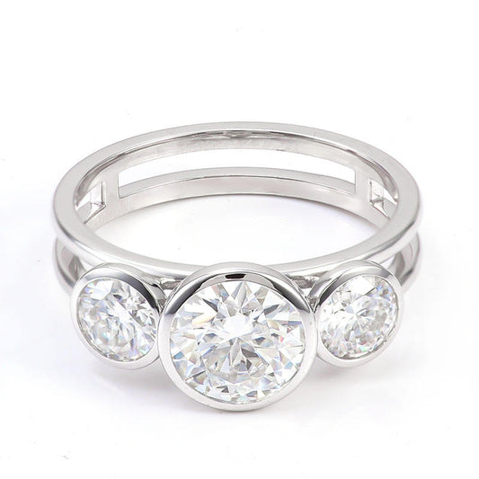 Round Moissanite Diamond Three Stone Bezel Set Ring, view 2