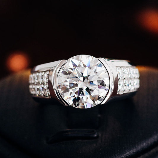 Round Cut Half Bezel Set Moissanite Bridge Accent 2 Row Side Accent Ring, view 2