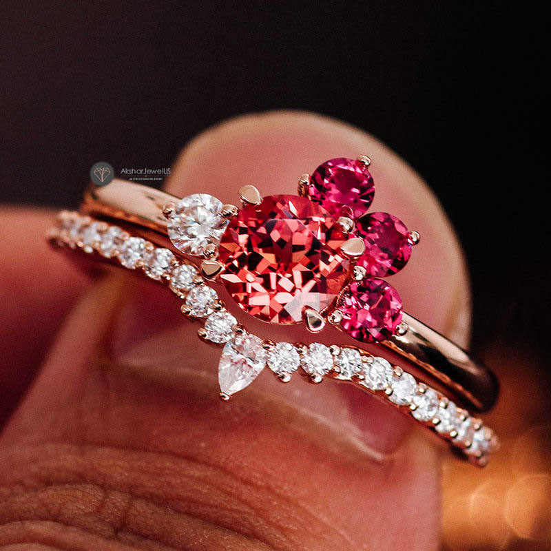 Pink Round Moissanite Diamond Cluster Ring, Half Eternity Matching Band