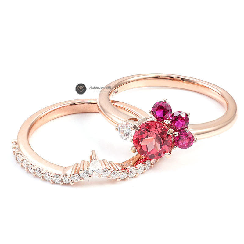 Pink Round Moissanite Diamond Cluster Ring, Half Eternity Matching Band
