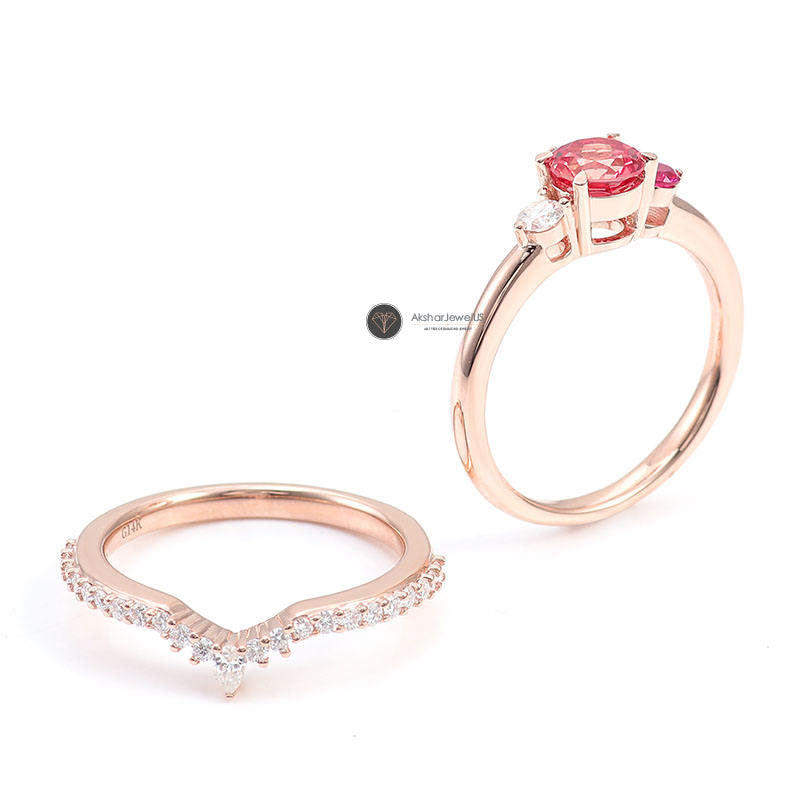 Pink Round Moissanite Diamond Cluster Ring, Half Eternity Matching Band