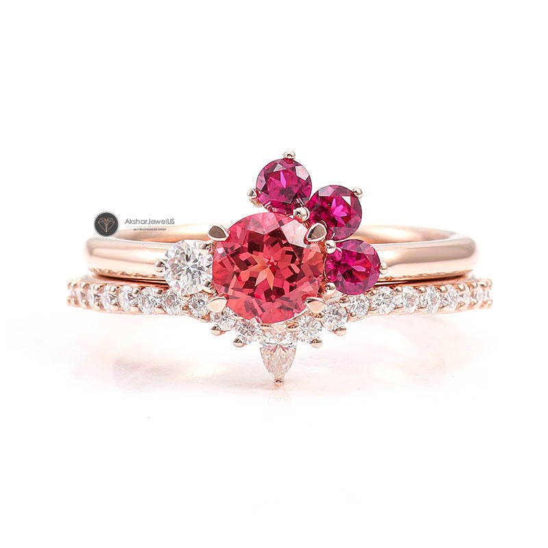 Pink Round Moissanite Diamond Cluster Ring, Half Eternity Matching Band