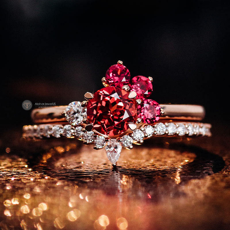 Pink Round Moissanite Diamond Cluster Ring, Half Eternity Matching Band