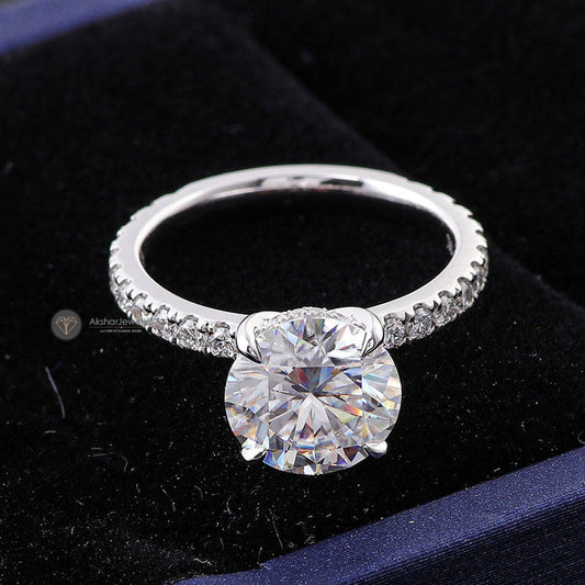 Round Cut Moissanite Hidden Halo With Side Accent Ring, view 2