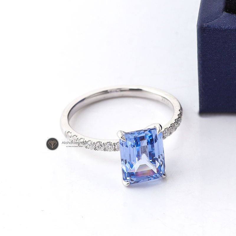 Emerald Cut Natural Aquamarine Ring, 14k White Gold Engagement Ring, Women's Wedding Ring, Half Eternity Anniversary Ring