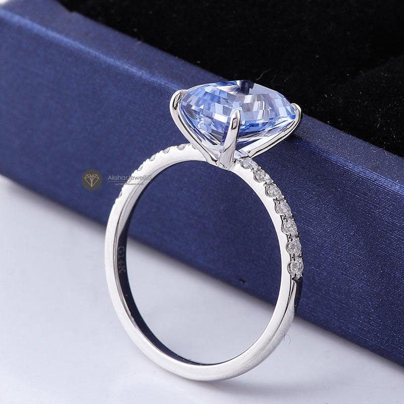 Emerald Cut Natural Aquamarine Ring, 14k White Gold Engagement Ring, Women's Wedding Ring, Half Eternity Anniversary Ring