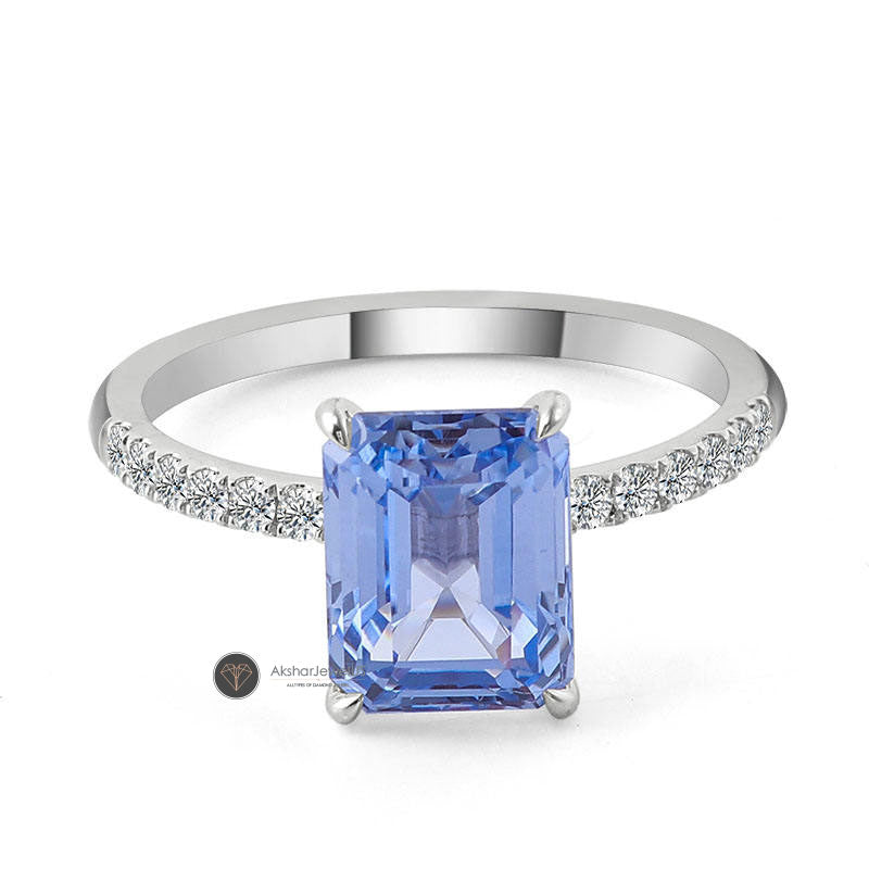 Emerald Cut Natural Aquamarine Ring, 14k White Gold Engagement Ring, Women's Wedding Ring, Half Eternity Anniversary Ring