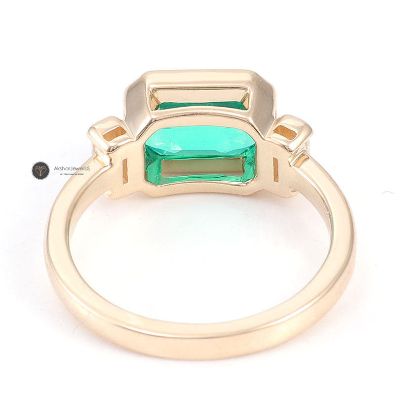 Green Emerald Cut Three Stone Half Bezel Set Moissanite East West Ring