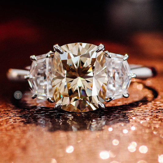 Elongated Champagne Cushion Cut Moissanite Three Stone Solitaire Ring, view 2