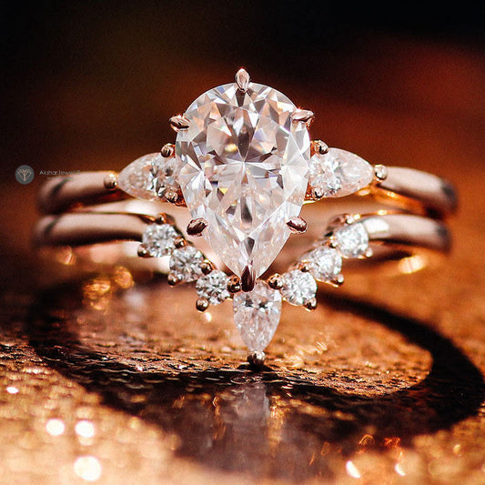 Pear Cut Lab Grown Diamond Ring Set, Pear Curved Moissanite Ring set, view 2