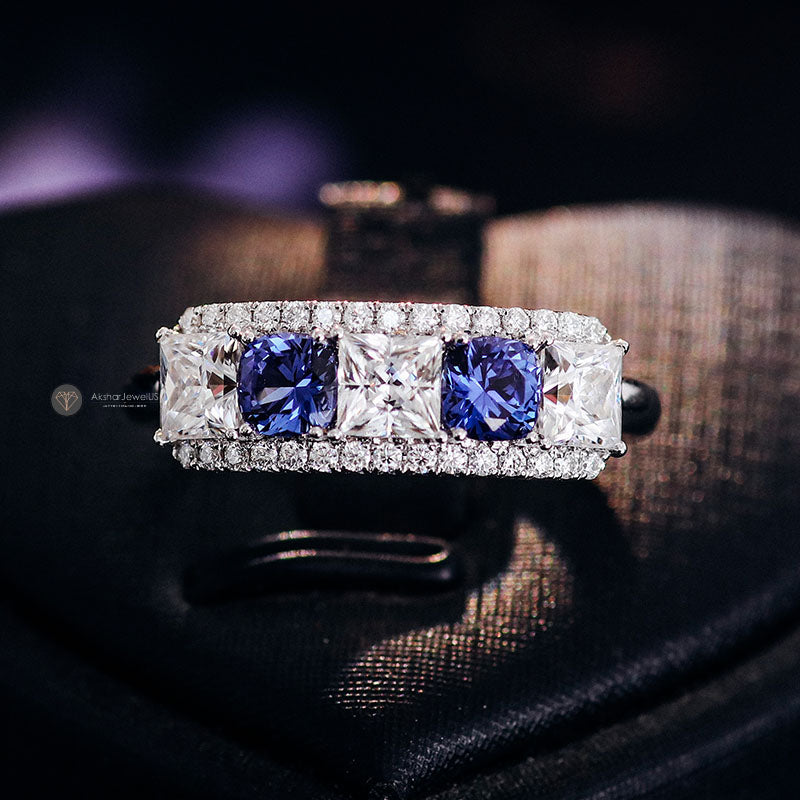 Moissanite, Moissanite Band, Princess Cut, Princess Diamond, Blue Round , 5 Stone Princess Cut, Anniversary Gift, Diamond Band, Band Gift For Her