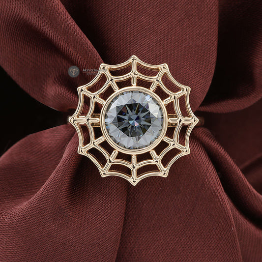 Gray Round Cut Spider Web Bezel Set Grey Moissanite Statement Ring