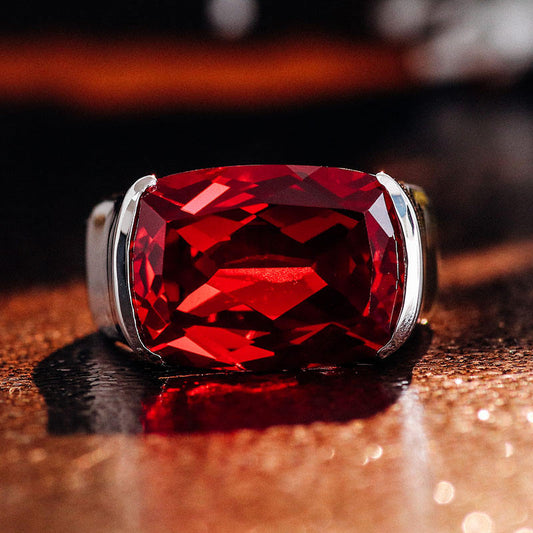 Elongated Red Ruby Cushion Cut Ring, Half Bezel Set Gemstone Ring, view 2